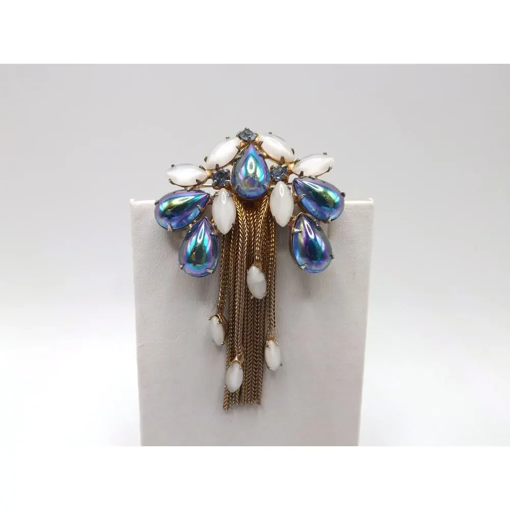 Iridescent Blue Gold Plated Fringe Brooch, White Art Glass Stones, 1960s Vintage